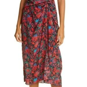 Rag & Bone Amber Midi Skirt Black Bright Floral 2 Slit Wrap Waist Detail Lined